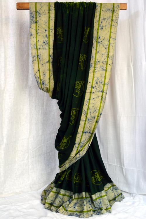Bengal Handloom Cotton Saree Col- Deep Green, Pista Green And Offwhite