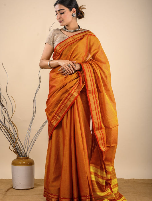 Traditional elegance. Fine Ilkal Cotton Blend Saree - Warm Orange