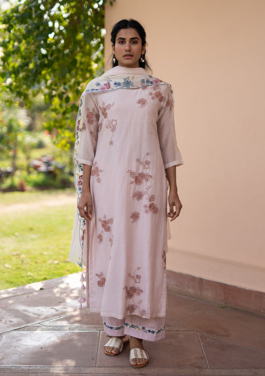 Apricot Floral Embroidered Kurta Set