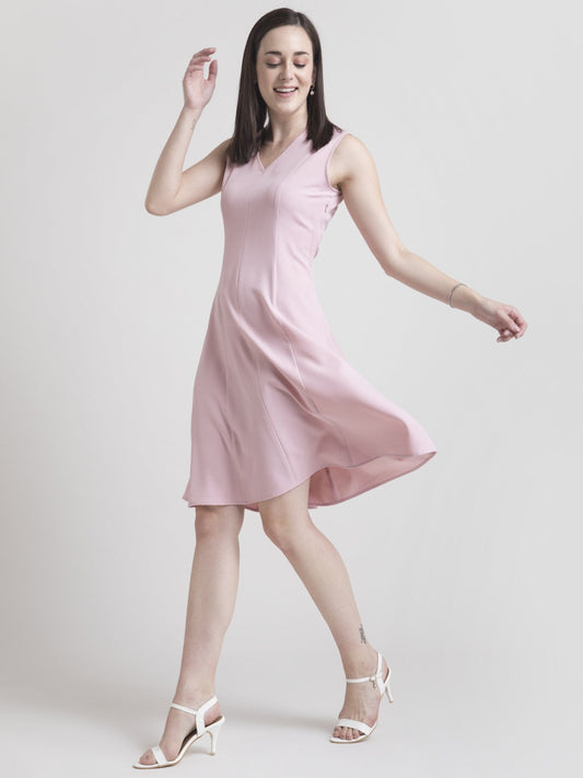 V Neck A Line Dress - Baby Pink