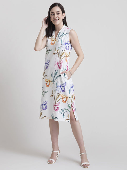 V Neck Floral Shift Dress - White and Yellow