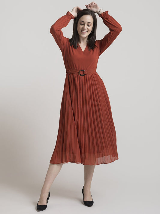 V Neck Pleated Fit and Flare Dress - Rust