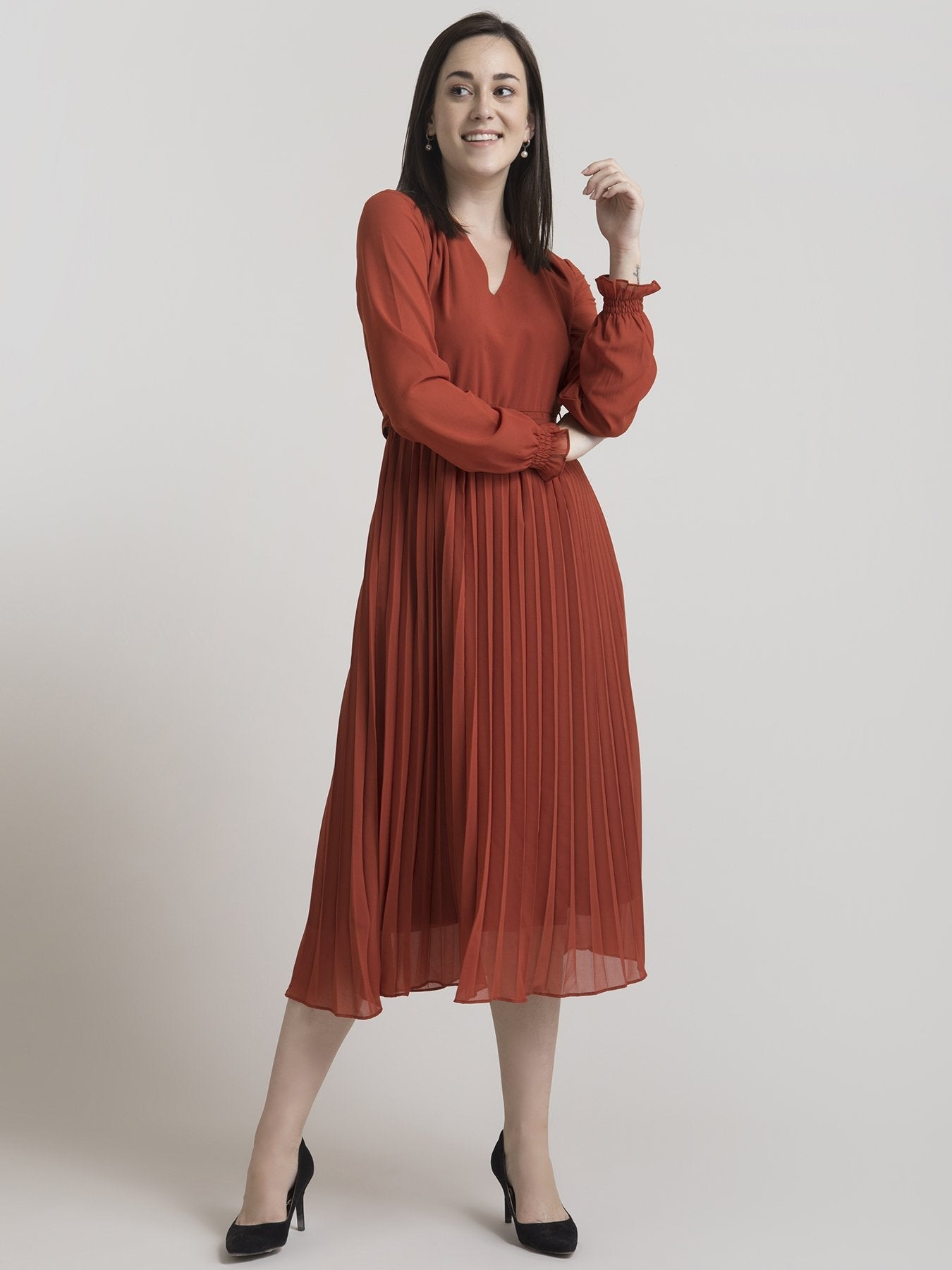 V Neck Pleated Fit and Flare Dress - Rust
