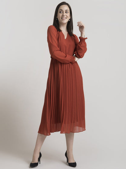 V Neck Pleated Fit and Flare Dress - Rust