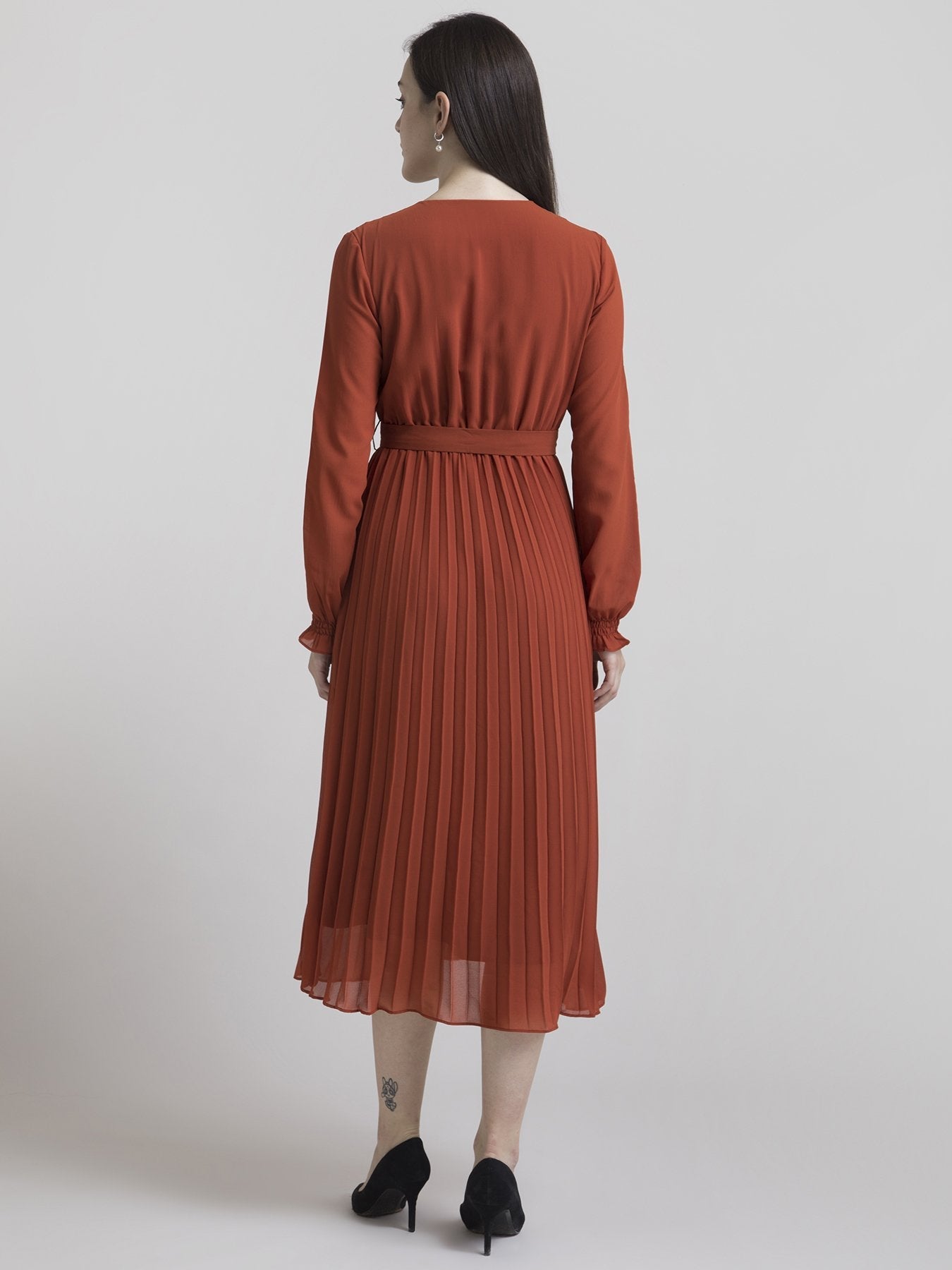 V Neck Pleated Fit and Flare Dress - Rust