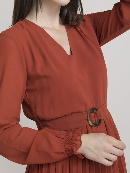 V Neck Pleated Fit and Flare Dress - Rust