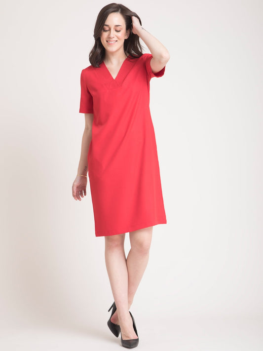 V Neck Belted Shift Dress - Red