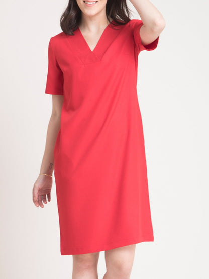 V Neck Belted Shift Dress - Red