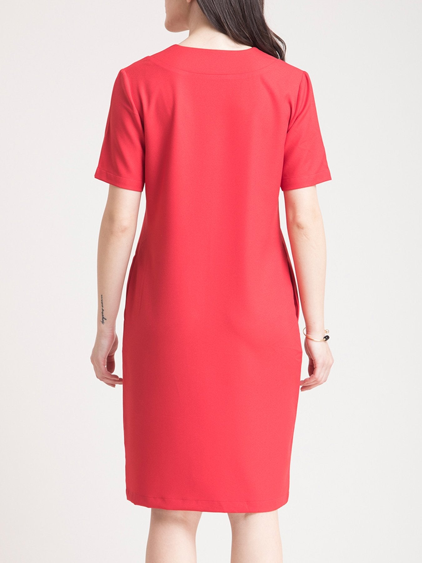 V Neck Belted Shift Dress - Red