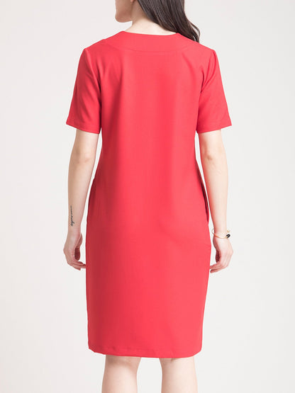 V Neck Belted Shift Dress - Red