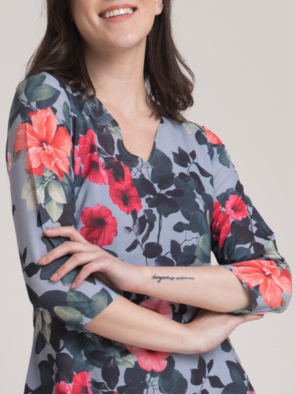 V Neck Floral A Line Dress - Grey and Red