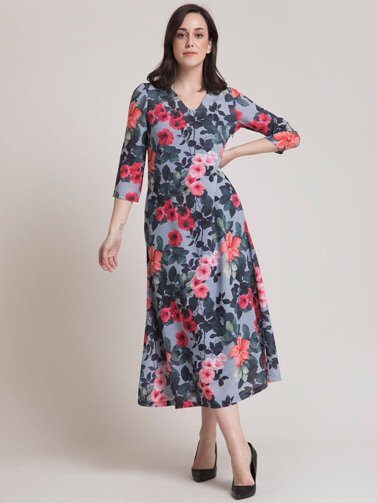 V Neck Floral A Line Dress - Grey and Red