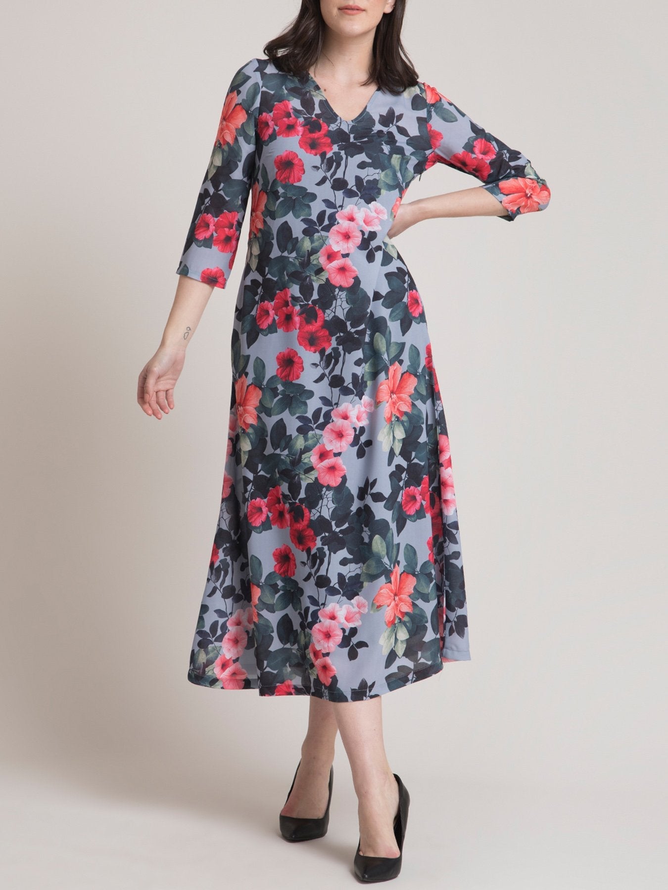 V Neck Floral A Line Dress - Grey and Red