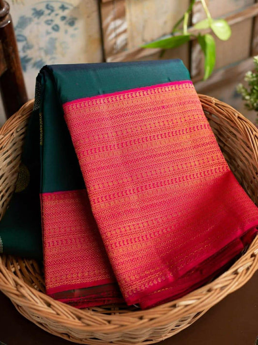 Valiba Kanchi Rich C-Green Rama Color Soft Silk Saree With lovely Banarasi Sari