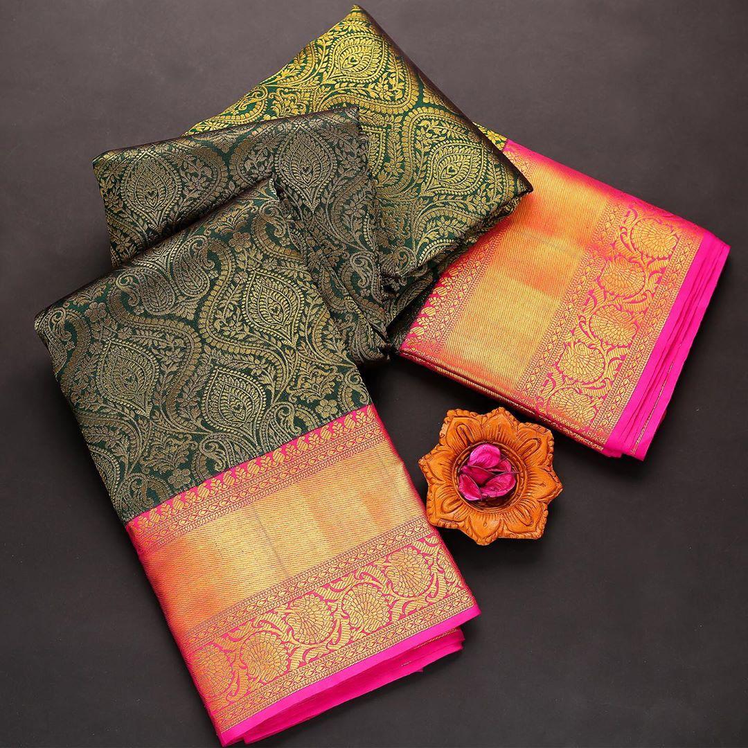 Valiba Green-rani Archaic Traditional Kanchi Soft Silk Sari With Attached Blouse Bandhani  Sarees
