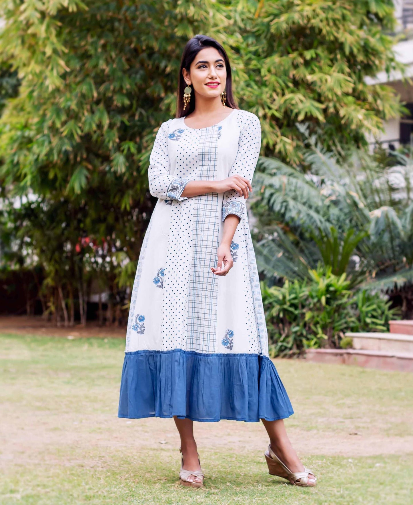 White and Blue Block Printed Dress