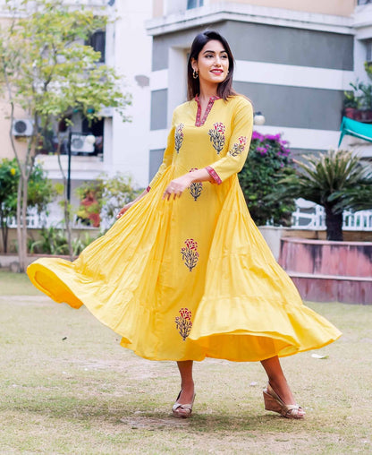 Yellow Placement Printed Tiered Dress