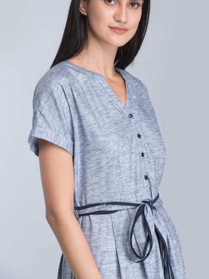 A Line Dress With Tie Up - Blue