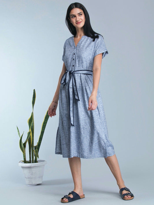 A Line Dress With Tie Up - Blue
