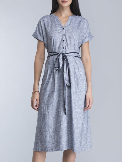 A Line Dress With Tie Up - Blue