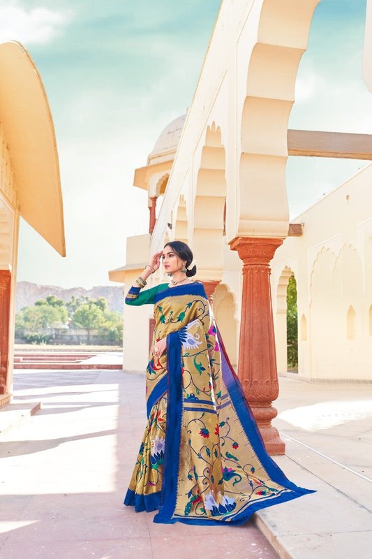 Valiba Blue Paithani Flower Design For Merriage Function And Party Wear Saree