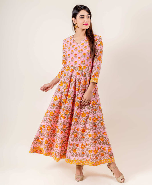 Angrakha Style Floral Hand Block Printed Indo Western Dress In Orange And Pink