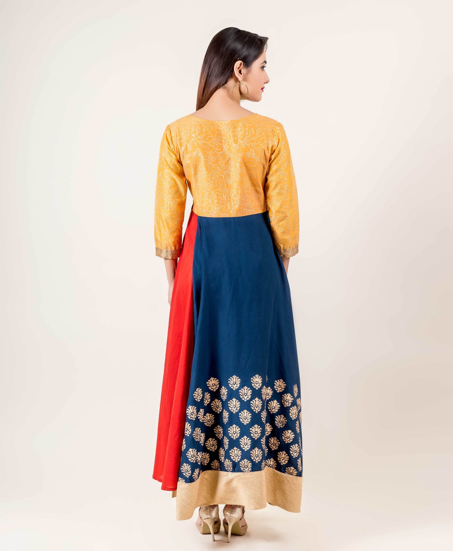 Brightly Colored Tasseled Angrakha Style Floor Length Gown