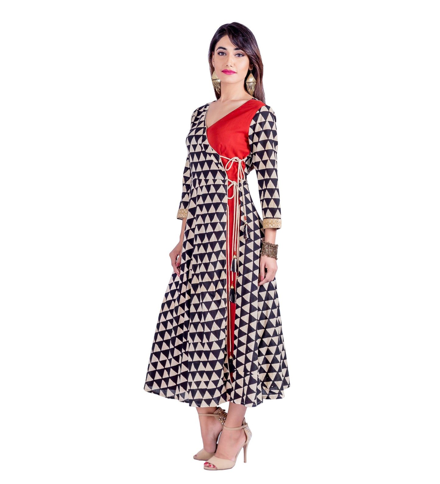 Hand Block Printed Angrakha Dress with Embroidered  Sleeves