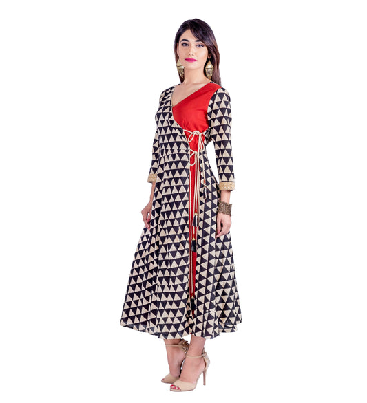 Hand Block Printed Angrakha Dress with Embroidered  Sleeves