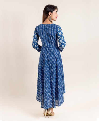 Indigo Angrakha Block Printed Indo Western Dress