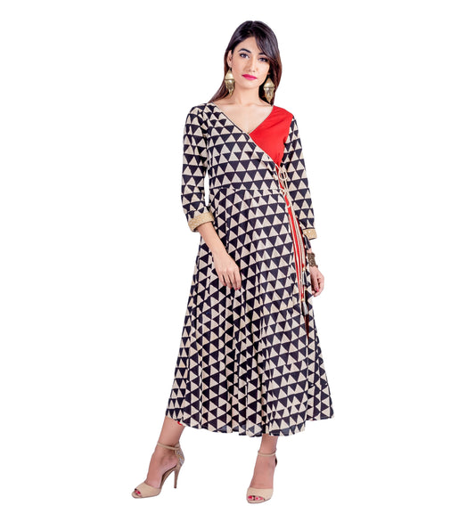 Hand Block Printed Angrakha Dress with Embroidered  Sleeves