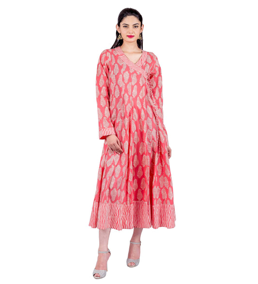 Angrakha Style Floral Hand Block Print Indo Western Dress