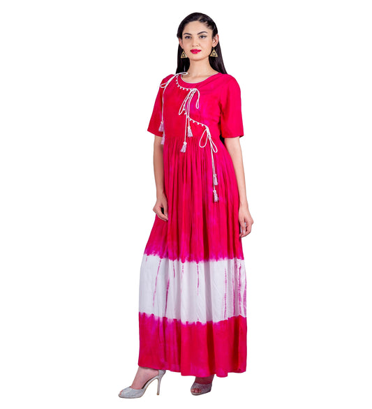 Fuchsia / White Tie and Dye Tasseled Angrakha Style Indo Western Dress