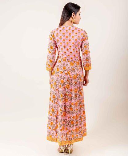 Angrakha Style Floral Hand Block Printed Indo Western Dress In Orange And Pink