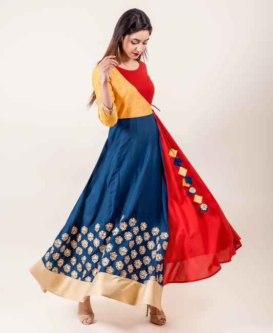 Brightly Colored Tasseled Angrakha Style Floor Length Gown