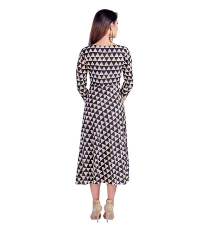 Hand Block Printed Angrakha Dress with Embroidered  Sleeves