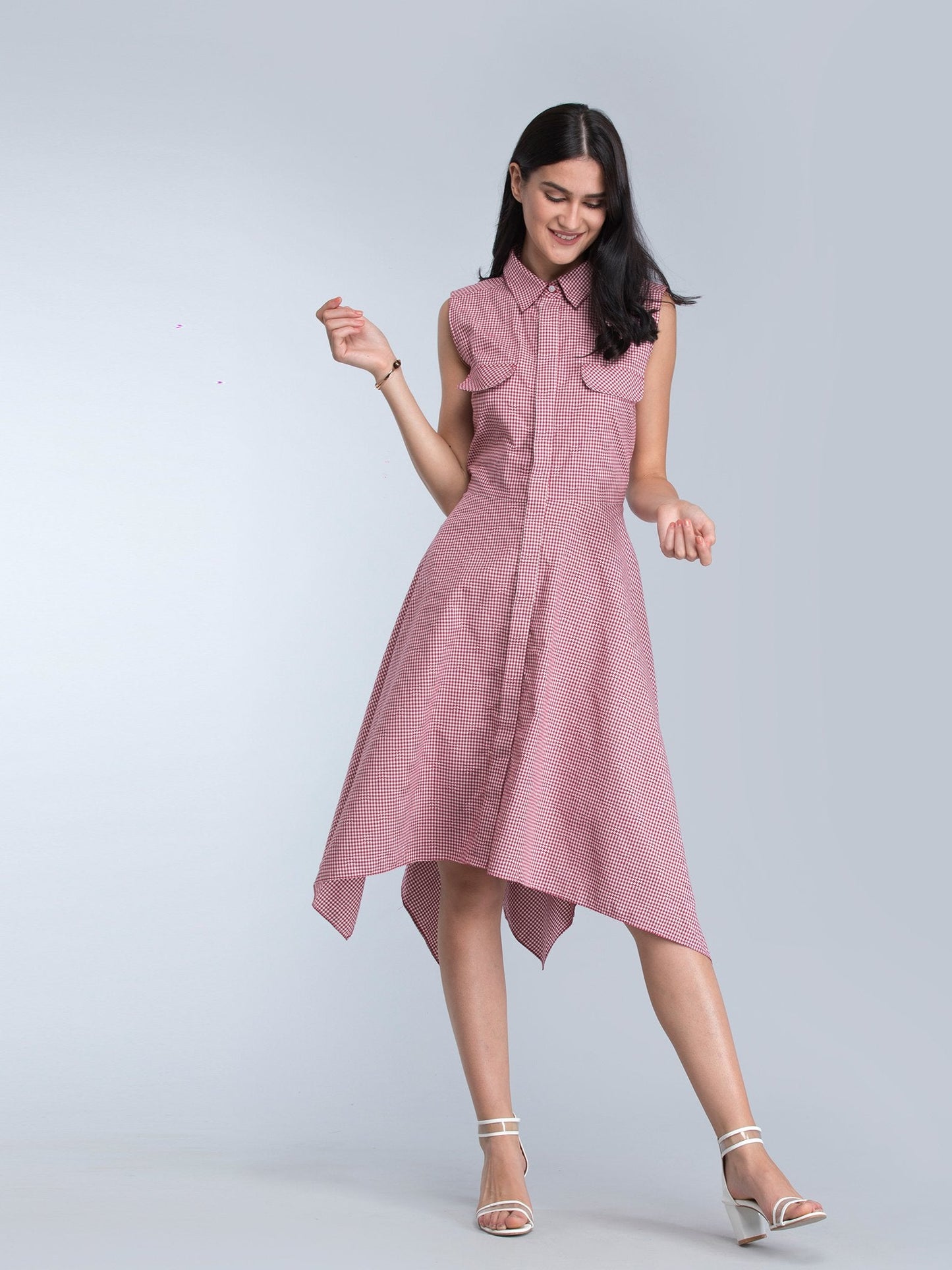Asymmetric Hem Check Shirt Dress - Red and White