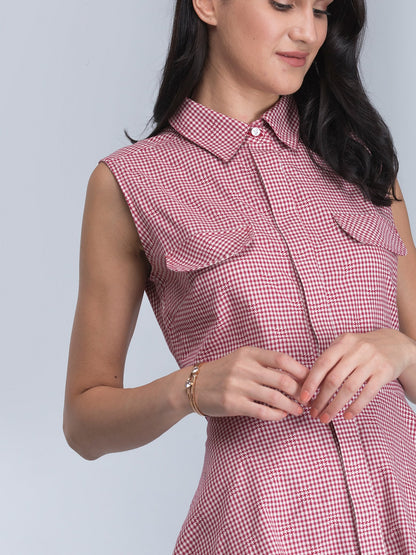 Asymmetric Hem Check Shirt Dress - Red and White