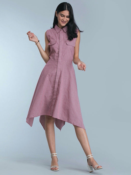 Asymmetric Hem Check Shirt Dress - Red and White