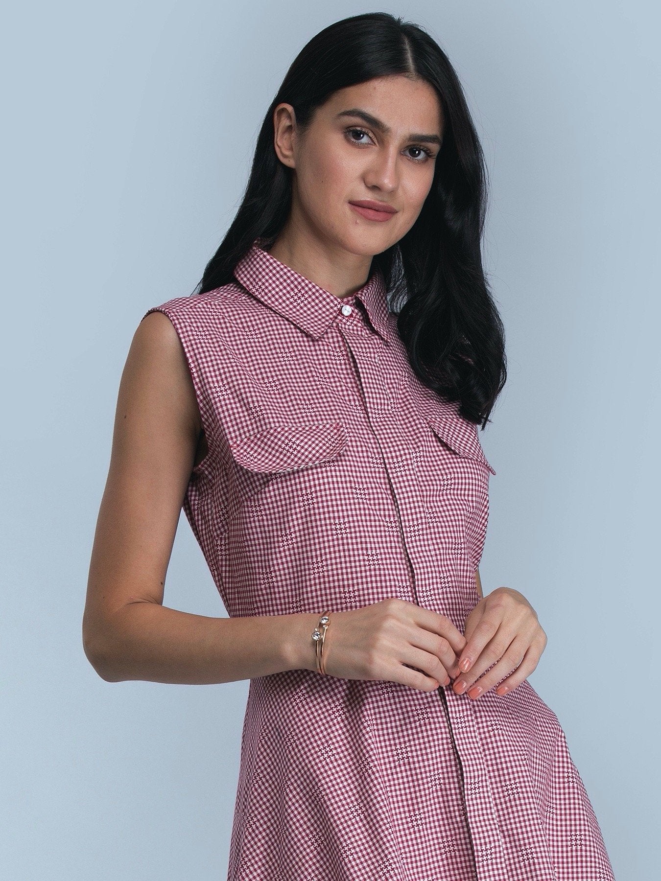 Asymmetric Hem Check Shirt Dress - Red and White