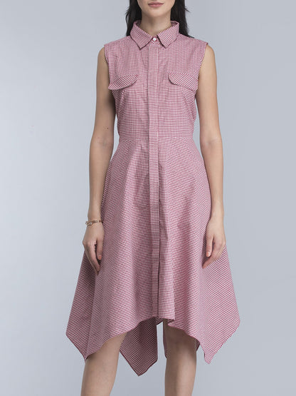 Asymmetric Hem Check Shirt Dress - Red and White