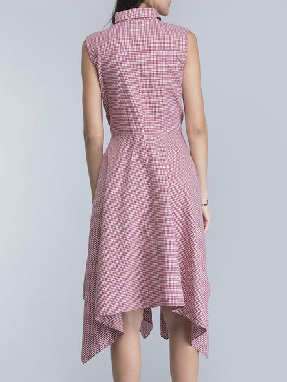 Asymmetric Hem Check Shirt Dress - Red and White