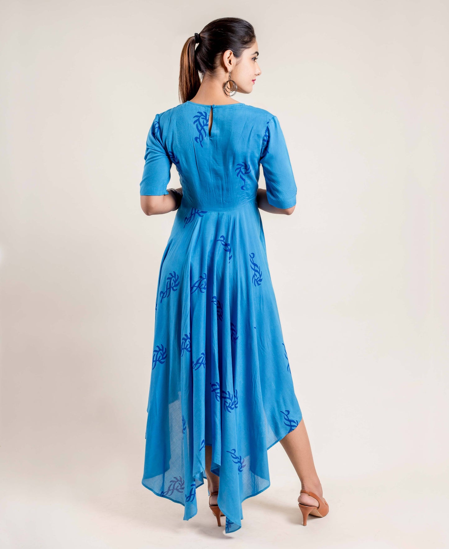 Blue Asymmetrical Block Printed Indo Western Dress