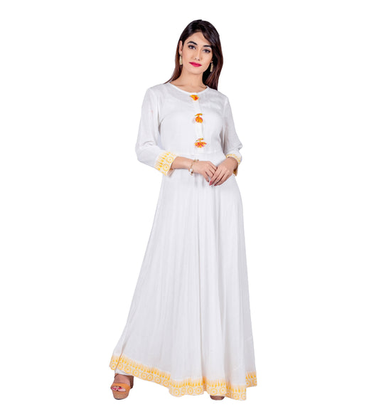 White / Yellow Indo Western Maxi Dress with Front Tassels
