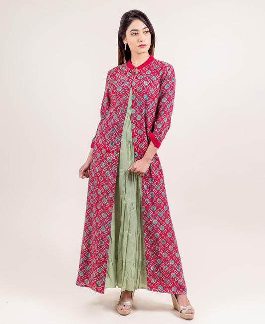 Ritzy Jacketed Tiered Long Block Printed Dress