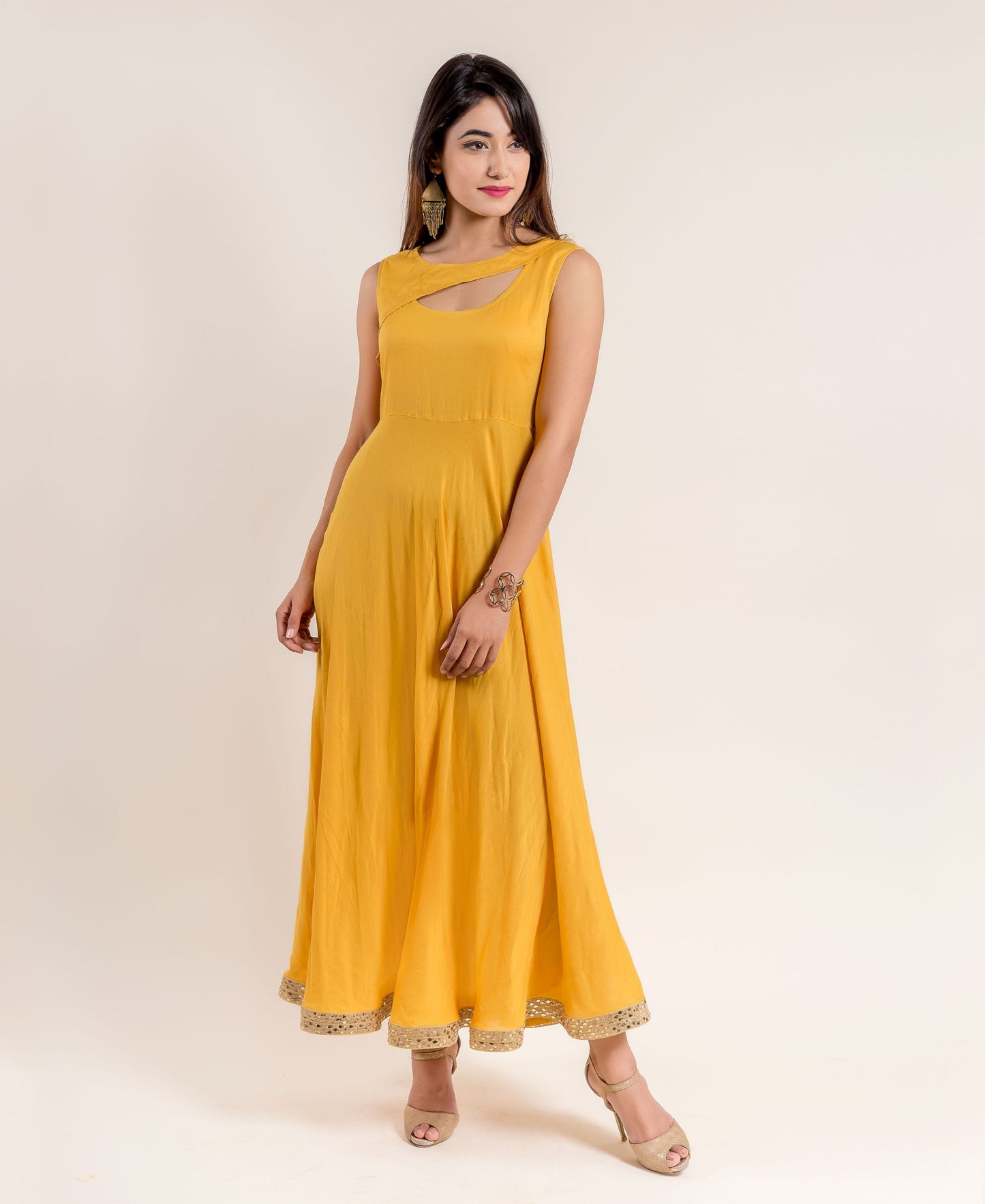 Green and Yellow Hand Block Printed Indo Western Jacket Dress