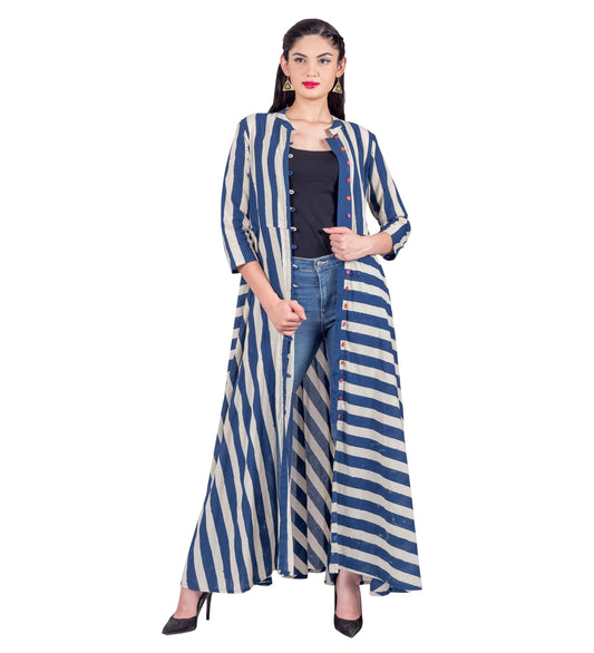 Indigo / White Button Down Striped Mandarin Collar Flared Indo Western Dress