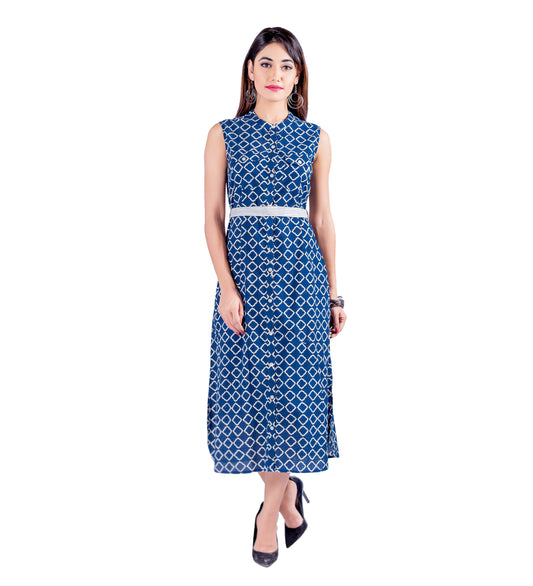 Blue/White Button-Down Hand Block Print Sleeveless Dress