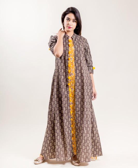 Brown and Mustard Hand Block Printed Double Layered Long Jacket Dress
