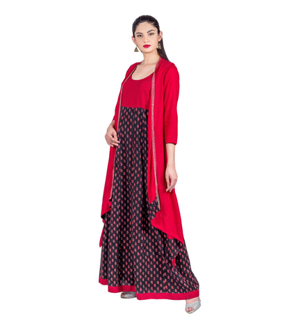 Red / Black Hand Block Printed Jacket Style Indo Western Dress with Pintuck Embroidery